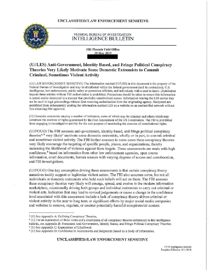 FBI document warns ‘conspiracy theories’ are a new domestic terrorism&nbsp;threat