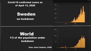 Sweden no lockdown vs. World cover-19 cases