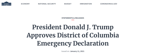 Trump declared state of emergency in Washington from January 11 to January 24,&nbsp;2021